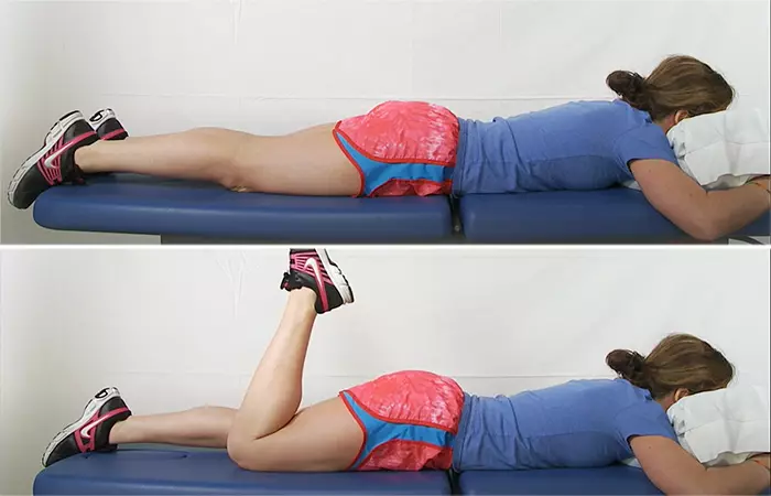 Prone hamstring strengthening curls exercise to reduce leg pain