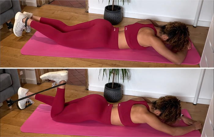 Prone hamstring strengthening curls exercise with a band to reduce leg pain
