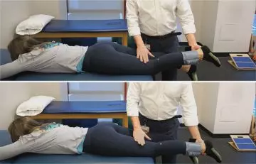 Prone knee extension hang hamstring strengthening exercise to reduce leg pain