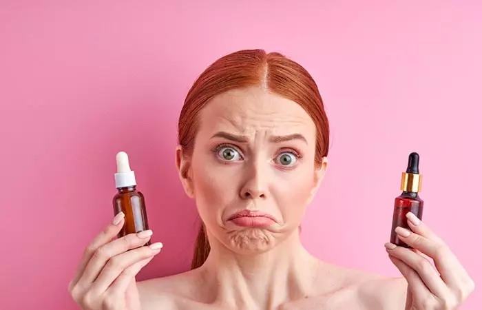 Woman confused between two bottles of PHA serums