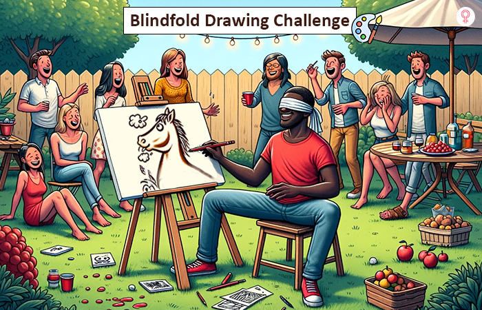 A man participates in the blindfolded drawing challenge as his friends cheer and laugh in the background