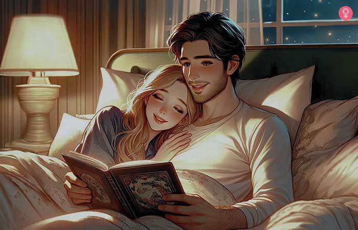 Man reads a bedtime story for his girlfriend