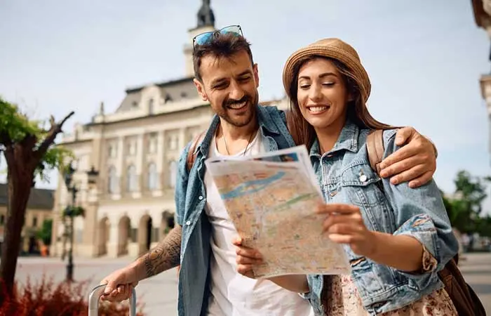 Happy couple traveling together