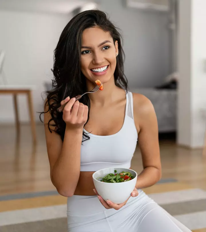 Woman Enjoying Plant-Based Diet Food