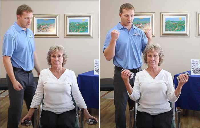 Chair exercises for seniors with seated bicep curls and weights