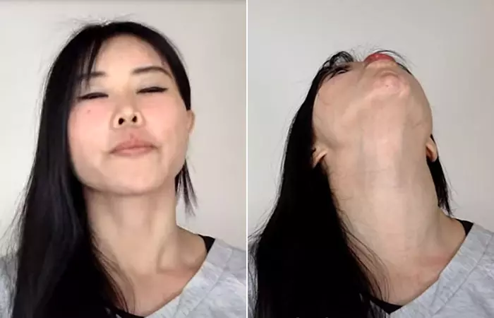 Pursed lips neck tightening stretch exercise