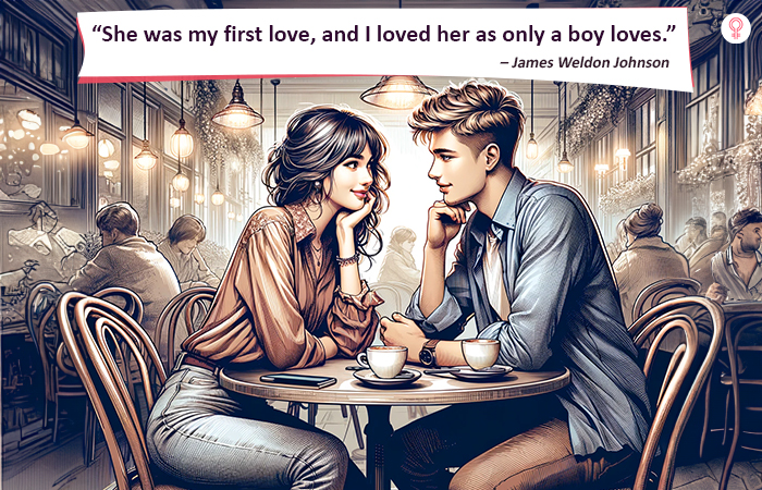 A young couple in love staring each other at a cafe