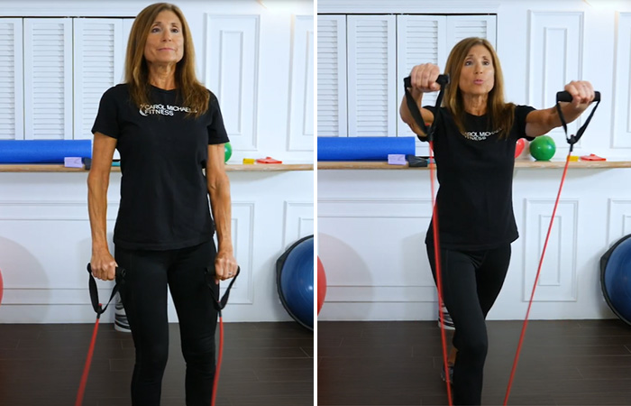 Arm front raise & step back exercise for osteoporosis