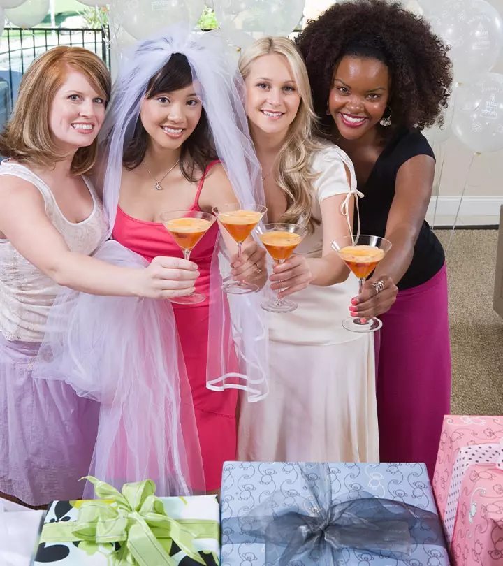 A group of girls playing a game in a bridal shower