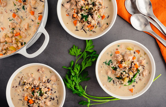 Bowls of creamy chicken and wild rice soup
