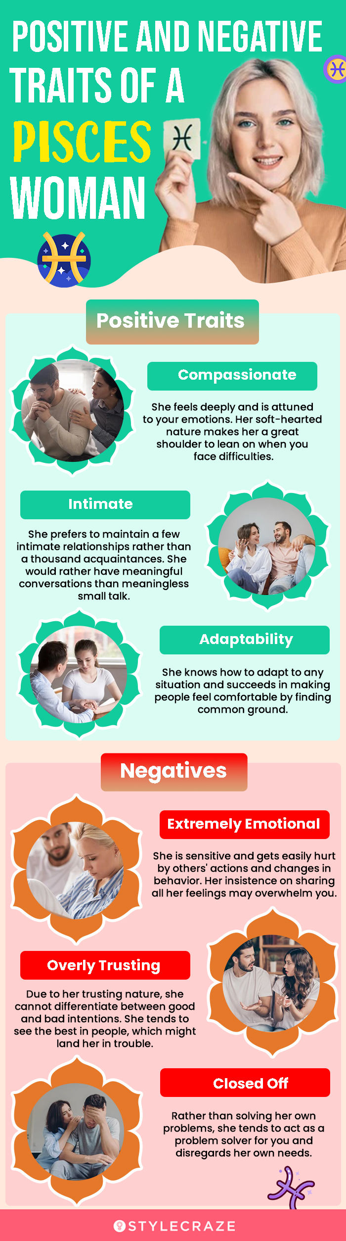 positive and negative traits of a pisces woman (infographic)