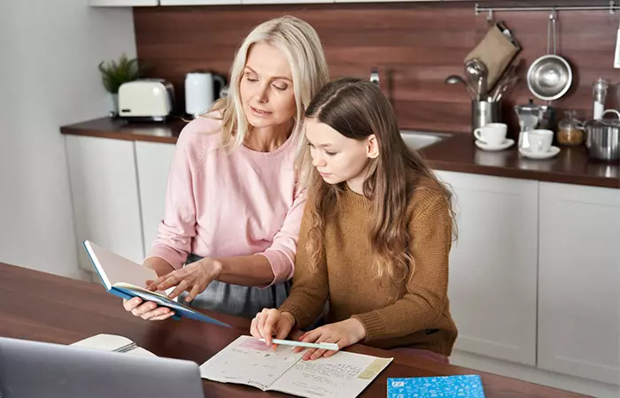 Girl learning about family history of grandparents 