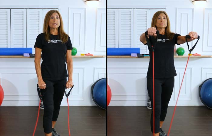 Arm raises with resistance band exercise for osteoporosis