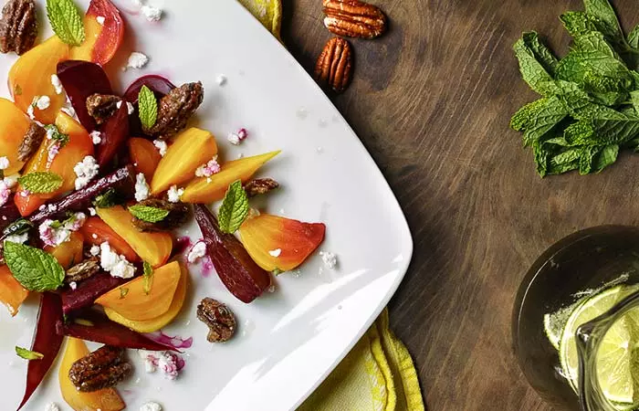 Salad with feta cheese maple pecans and mint vinaigrette