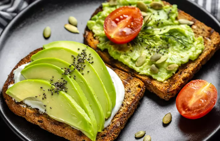 Avocado toast with ezekiel bread.