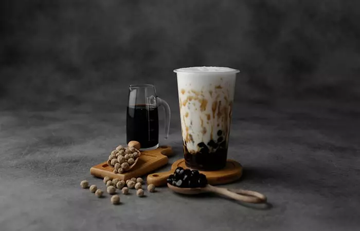 Ingredients for a basic boba milk tea preparation