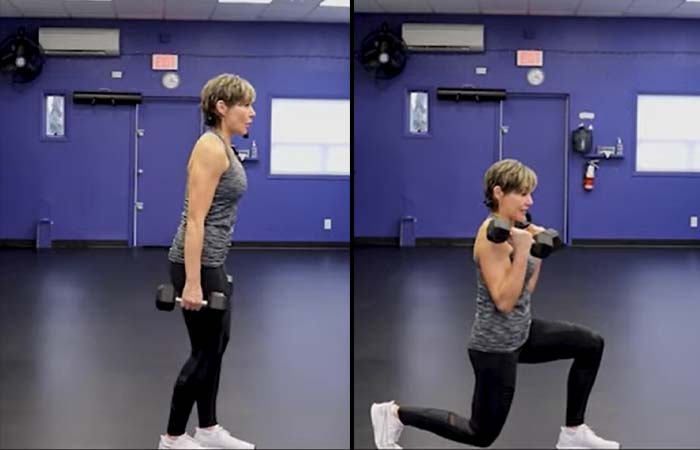 Reverse lunge with weighted bicep curl exercise for osteoporosis