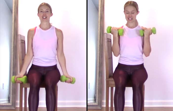 Seated bicep curls with dumbbells exercise for osteoporosis