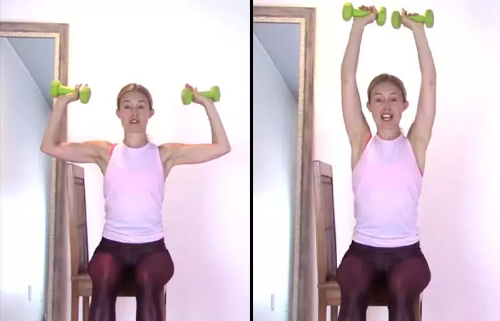 Seated dumbbell shoulder press exercise for osteoporosis