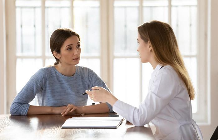 Woman consulting doctor to treat perioral dermatitis