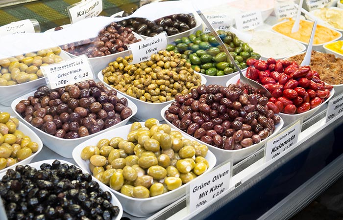 A display of different types of olives