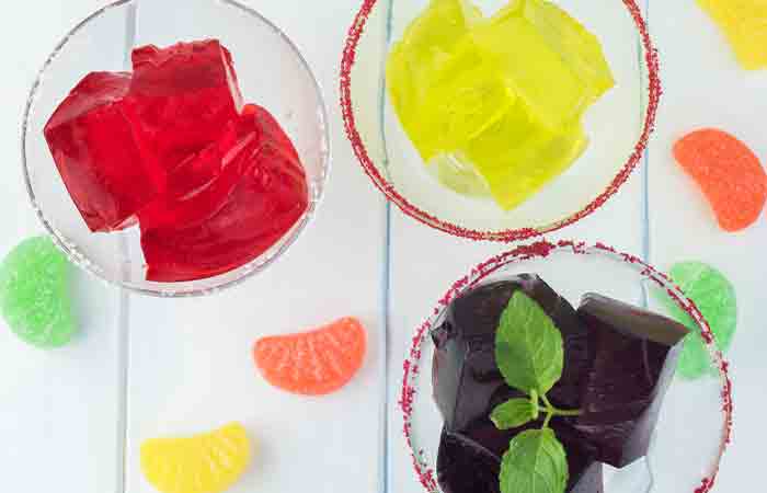A display of bowls of jello in different flavors