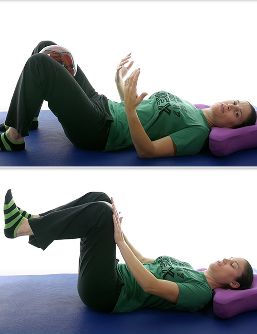 Pelvic tilt ball squeeze to relieve constipation