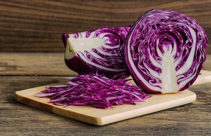 Chopped red cabbage on a cutting board