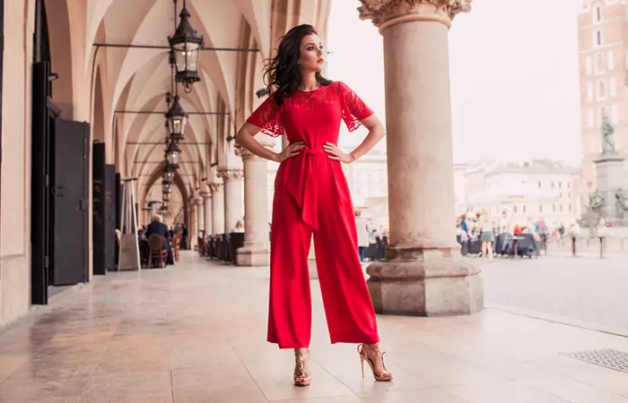 Wide-leg jumpsuit in a bright color.