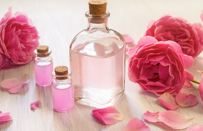 Bottles of rose water as a remedy for eye floaters