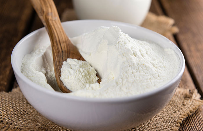 Milk powder in a bowl for healthy skin