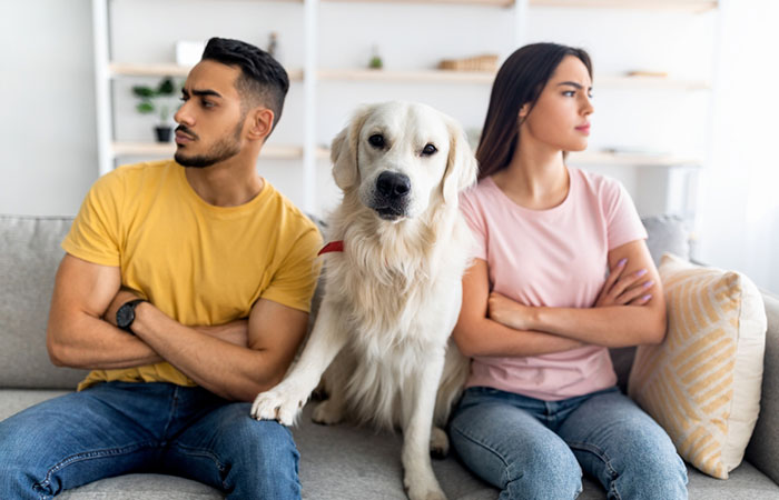Upset couple sitting on a couch with a dog