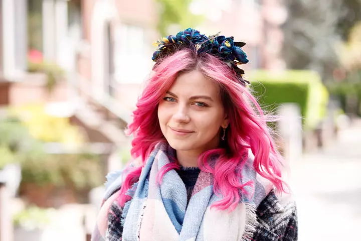 Woman in pink dyed hair