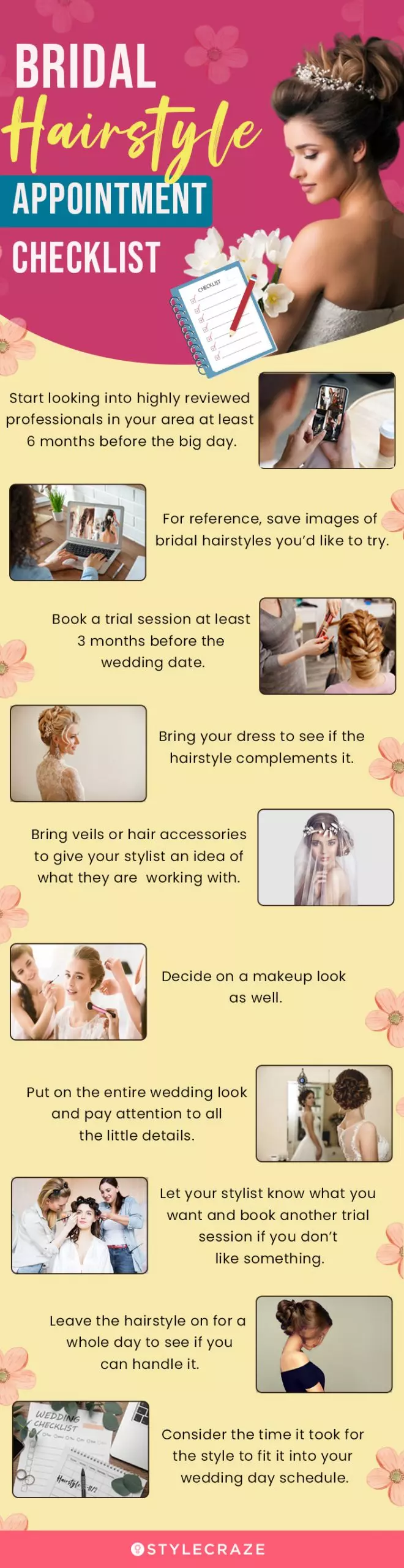 bridal hairstyle with appointent checklist (infographic)