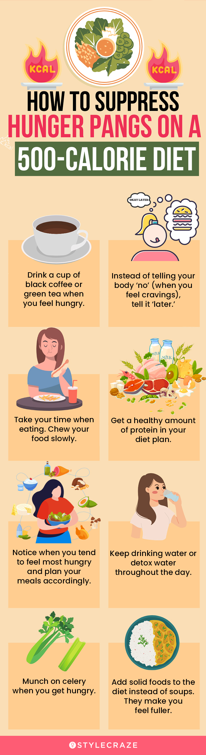 how to suppress hunger pangs on a 500-calorie diet (infographic)