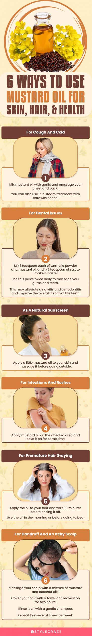 6 ways to use mustard oil for skin, hair, & health (infographic)