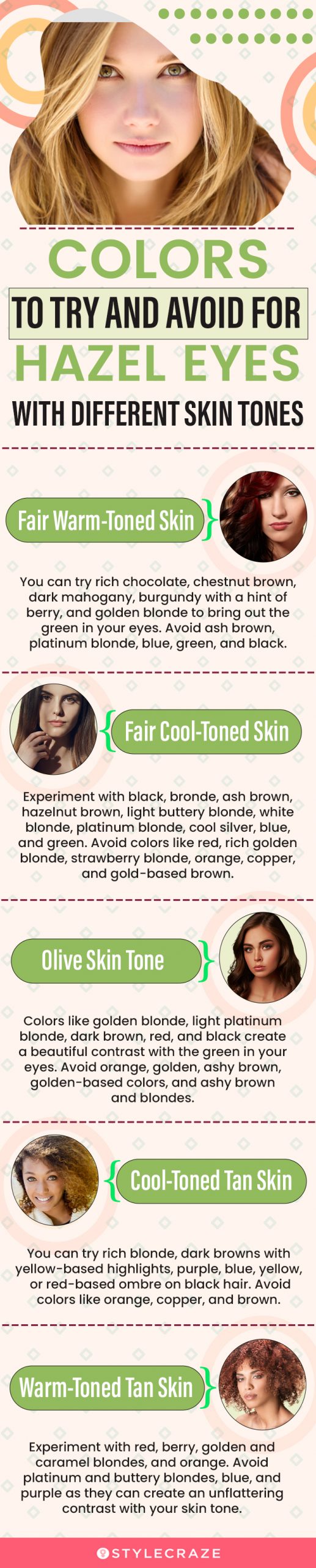 colors to try and avoid for hazel eyes with different skin tones (infographic)
