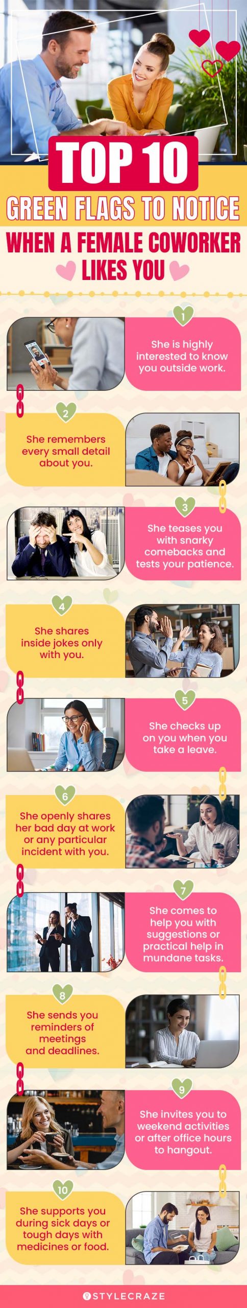 top 10 green flags to notice when a female coworker likes you (infographic)