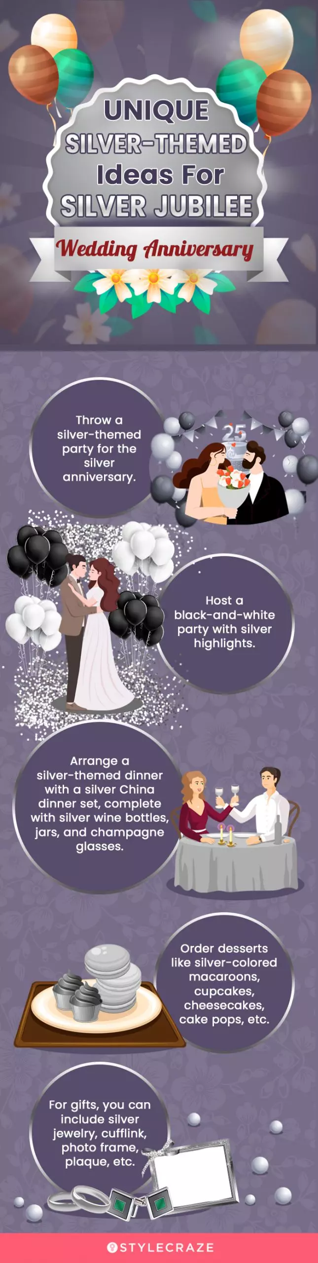 unique silver themed ideas for silver jubilee wedding anniversary (infographic)