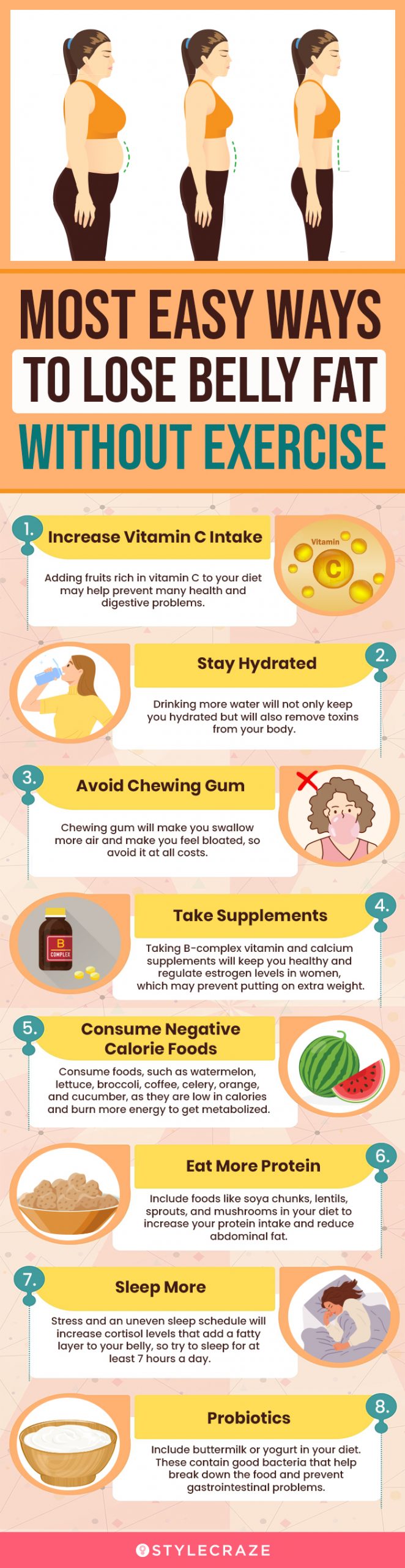 most easy ways to lose belly fat without excercise (infographic)