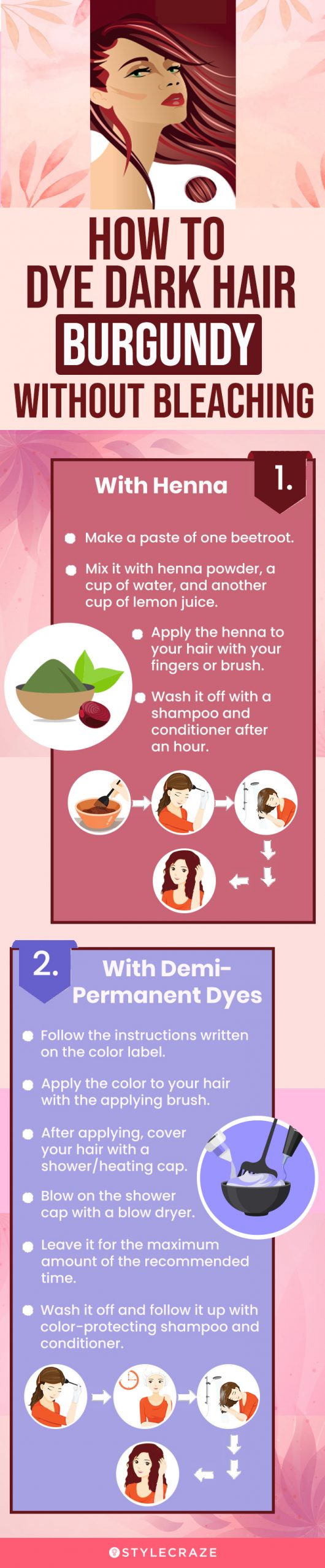 how to dye dark hair burgundy without bleaching (infographic)