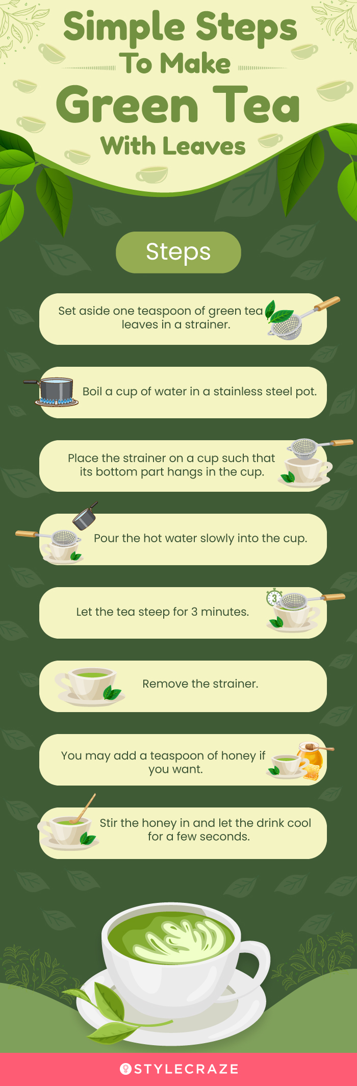 simple steps to make green tea with leaves (infographic)