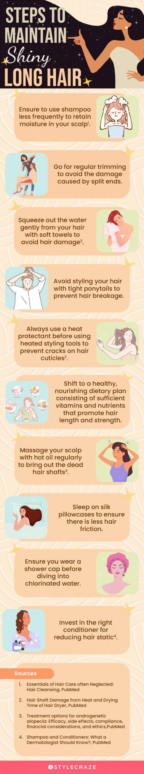 steps to maintain shiny long hair (infographic)