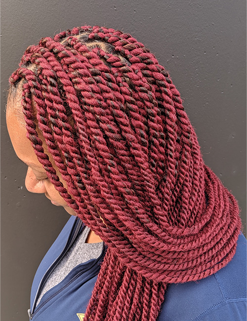 Beaded Marley twists with electric red accents crochet braids