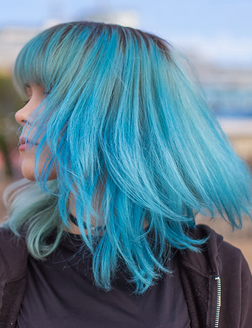 Blue lob with thick bangs hairstyle for thick hair