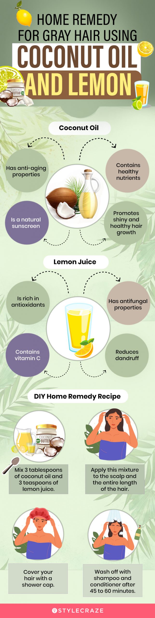 home remedy for grey hair using coconut oil and lemon (infographic)