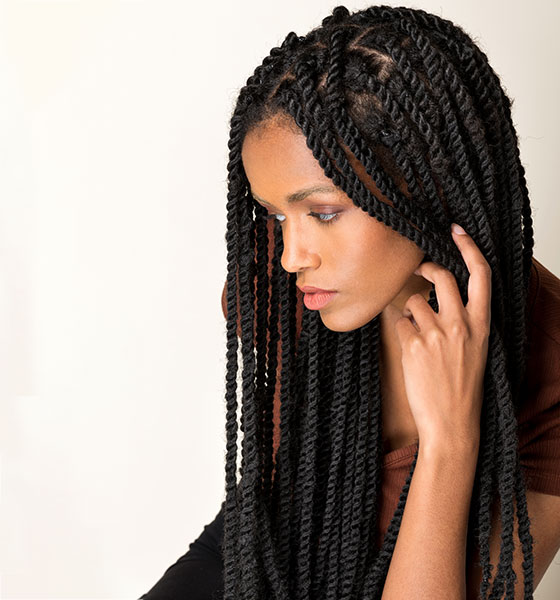 Jet black Senegalese twists, ways to style your crochet braids