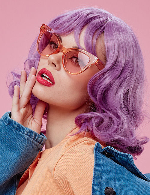 Lilac hollywood curls hairstyle for thick hair