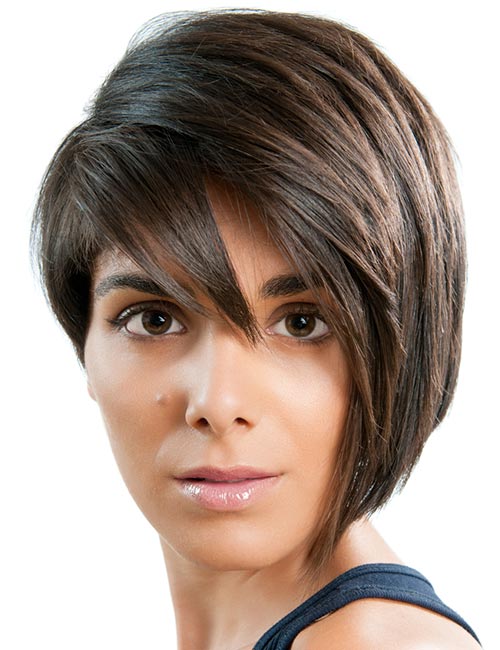 Stacked and angled bob with side-swept bangs