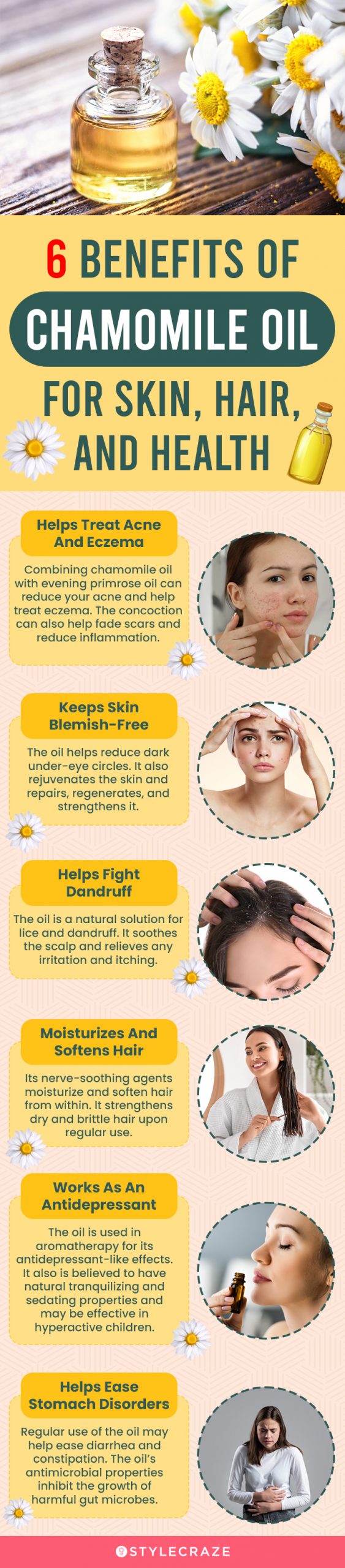 6 benefits of chamomile oil for skin, hair, and health (infographic)
